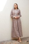 Mor Ankanoor Çıtır Desen Kuşaklı Keten Elbise