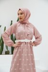 Pembe Ankanoor Pötikare Reglan Kol Nakışlı Elbise