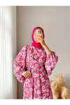 Pembe Bağlamalı Yuvarlak Desen Saten Elbise