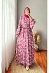 Pembe Bağlamalı Yuvarlak Desen Saten Elbise