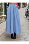 Mavi Yeni Açık Sezon Beli Lastikli A Kesim Salaş Yüksek Bel Kupra Uzun Etek