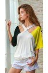 Siyah Sarı Beyaz Dekolte Pencere Detaylı Kısa Kollu T-shirt