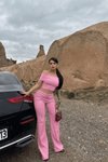 Pembe Madonna Yaka Bol Paça Pantolonlu İkili Takım