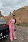 Pembe Madonna Yaka Bol Paça Pantolonlu İkili Takım