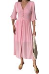 Pembe Midi Yazlık Beyaz V Yaka Astarlı Düğme Detaylı Kısa Kollu Elbise