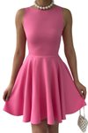 Pembe Mini Mezuniyet &amp; Balo Sıfır Yaka Fırfırlı Etek Abiye Elbise