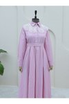 Pembe Organze Gömlek Yaka Çizgili Kuşaklı Elbise