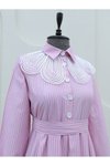 Pembe Organze Gömlek Yaka Çizgili Kuşaklı Elbise