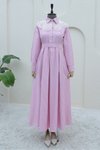 Pembe Organze Gömlek Yaka Çizgili Kuşaklı Elbise