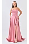 Pembe Uzun Straplez Yırtmaçlı Saten Abiye Elbise