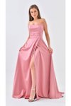 Pembe Uzun Straplez Yırtmaçlı Saten Abiye Elbise