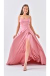 Pembe Uzun Straplez Yırtmaçlı Saten Abiye Elbise