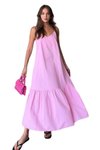 Pink Long Summer Strappy Cotton Poplin Fabric Thin Dress