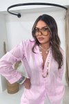 Pembe Yarı Transparan Çizgili Doku Gömlek