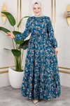 Petrol Mavisi Asel Çiçekli Viskon Tesettür Elbise
