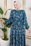 Petrol Mavisi Asel Çiçekli Viskon Tesettür Elbise