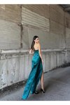 Petrol Uzun Pamuk Saten Aller Yırtmaç Detaylı Degaje Yaka Abiye Elbise