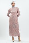 Pudra Simli Tüy Detaylı Tesettür Abiye Elbise