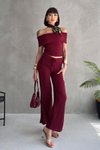 Bordo Gofre Kumaş Madonna Yaka Pantolon Takım
