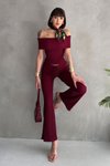 Bordo Gofre Kumaş Madonna Yaka Pantolon Takım