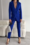 Saks Mavi Bilek Boy Yüksek Bel Pantolon Ve Blazer Kruvaze Ceket İkili Takım