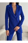 Saks Mavi Bilek Boy Yüksek Bel Pantolon Ve Blazer Kruvaze Ceket İkili Takım