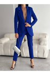 Saks Mavi Bilek Boy Yüksek Bel Pantolon Ve Blazer Kruvaze Ceket İkili Takım
