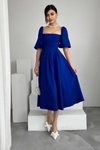 Saks Mavi Midi Kısa Balon Kollu Straplez Yaka Atlas Kumaş Kesim Kloş Elbise