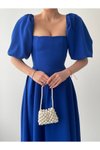 Saks Mavi Midi Kısa Balon Kollu Straplez Yaka Atlas Kumaş Kesim Kloş Elbise
