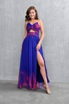 Royal Blue Pink Long Patterned Bow Detail Pointed Collar A-Line Slit Evening Dress