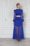 Saks Mavi Uzun Bel Detaylı Sırt Dekolteli Tokalı Yırtmaçlı Abiye Elbise