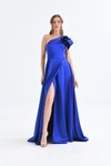 Saks Mavi Uzun Tek Omuzlu Detaylı Yırtmaçlı Saten Abiye Elbise