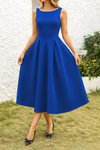 Saks Blue Midi Pearl Detailed A-Line Backless Scuba Fabric Dress
