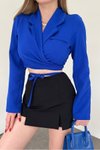 Saks Sırt Dekolteli Beli Bağcıklı Crop Ceket