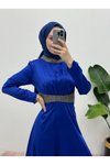 Saks Yakası Ve Beli Taş Detaylı Saten Tesettür Abiye Elbise