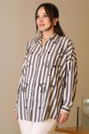 Gri Beyaz Çizgili Boncuk İşlemeli Gömlek