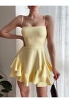 Sarı Mini Askılı Eteği Kat Detaylı Askısı Ayarlanabilir Elbise