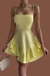Sarı Mini Askılı Eteği Volanlı Balo Ve Mezuniyet Abiye Elbise