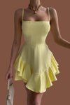 Sarı Mini Askılı Eteği Volanlı Balo Ve Mezuniyet Abiye Elbise
