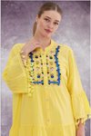 Sarı Uzun Arkası Pileli Önü Düğmeli Nakış Desenli İçlikli Keten Tasarım Elbise