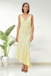 Sarı Uzun Işıltılı İp Askılı V Yaka Sırt Dekolteli Şık Abiye Elbise
