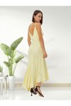 Sarı Uzun Işıltılı İp Askılı V Yaka Sırt Dekolteli Şık Abiye Elbise