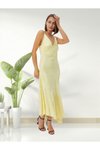 Sarı Uzun Işıltılı İp Askılı V Yaka Sırt Dekolteli Şık Abiye Elbise