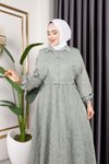 Mint Çizgili Gömlek Yaka Kuşaklı Viskon Elbise