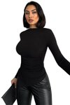Siyah Asimetrik Drape Detaylı Uzun Kollu Sandy Kumaş Bluz