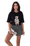 Siyah Ayıcık Baskılı Bisiklet Yaka Oversize Kalıp T-Shirt