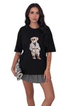 Siyah Ayıcık Baskılı Bisiklet Yaka Oversize Kalıp T-Shirt