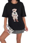 Siyah Ayıcık Baskılı Bisiklet Yaka Oversize Kalıp T-Shirt