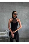 Siyah Balıkçı Yaka Tül Detaylı Body Suit