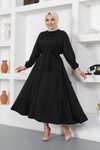 Siyah Beli Büzgülü Kemerli Tesettür Elbise